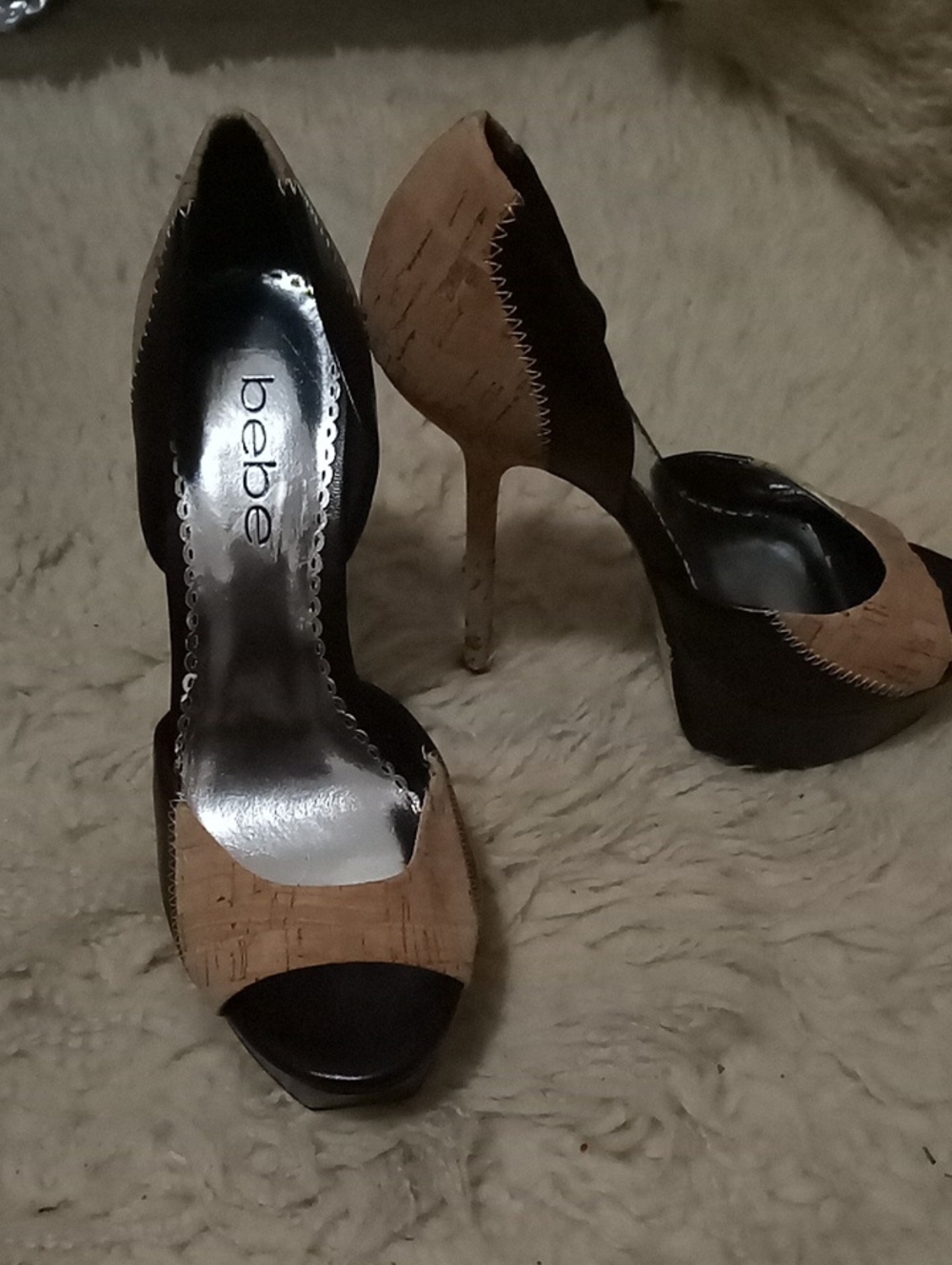 bebe Two-Tone Cork and Black Peep-Toe Stiletto Heels
